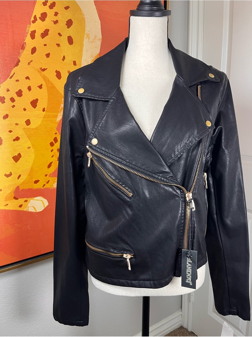 Blank NYC Black Vegan Leather Moto Jacket with Gold Hardware XL NEW
